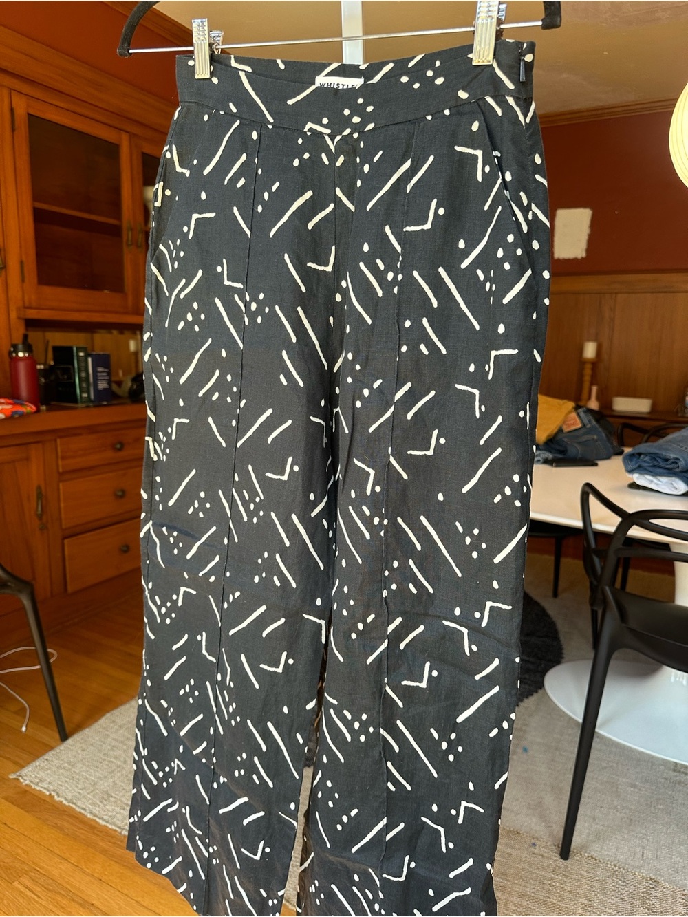 Whistles Black Wide-Leg Pants with White Abstract Print